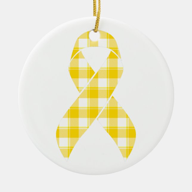 Childhood Cancer Survivor Plaid Gold Ribbon Julgransprydnad Keramik (Framsidan)