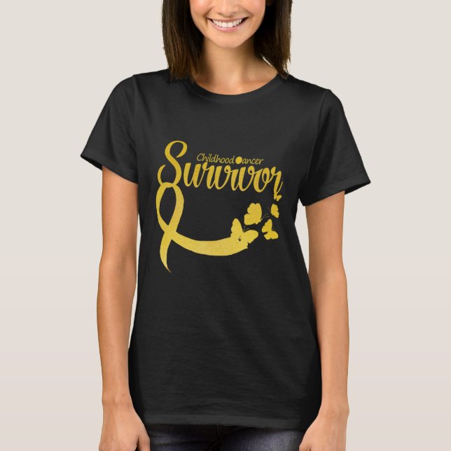 Childhood Cancer Survivor Ribbon Butterfly Awarene T Shirt (Framsida)