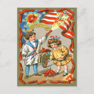 Children American Flagga Fireworks Firecracker Vykort