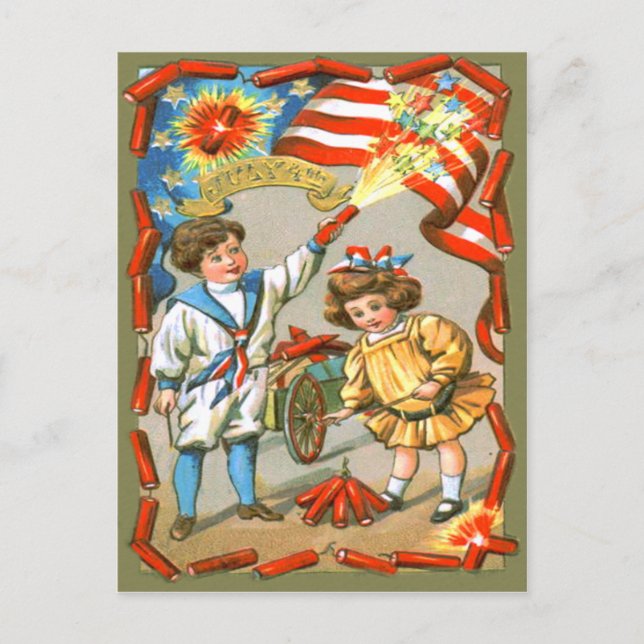 Children American Flagga Fireworks Firecracker Vykort (Framsida)