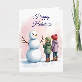 Children Building Snowman Winter Scene Blank Kort