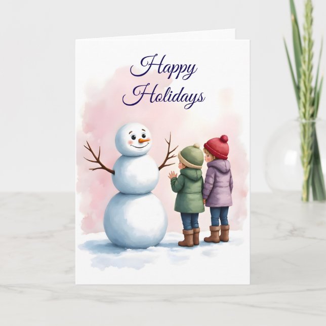 Children Building Snowman Winter Scene Blank  Kort (Framsida)