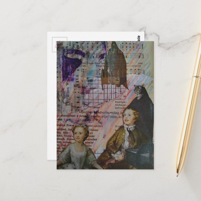 children dance cat bird cage sheet music collage vykort (Fram/Back In Situ)