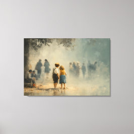 Children in Misty Street Impressionist Scene Canvastryck