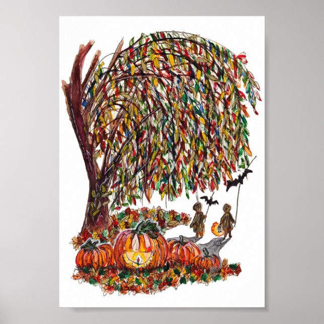 Children Playing Bats Halloween Watercolor Poster (Framsidan)