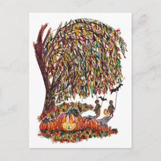 Children Playing Bats Halloween Watercolor Vykort