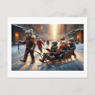 Children Sledding In A Snowy Street,  Vykort