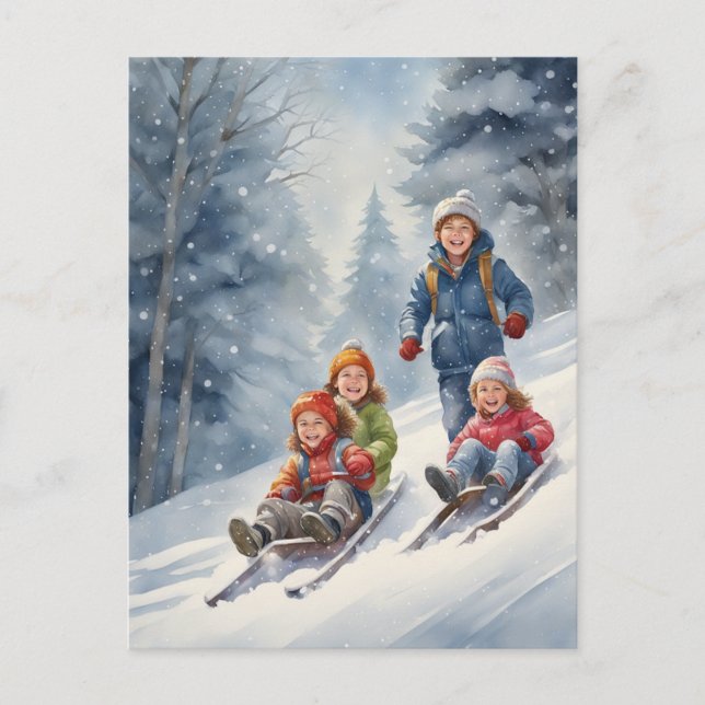 Children Toboggan Winter Scene Vykort (Framsida)