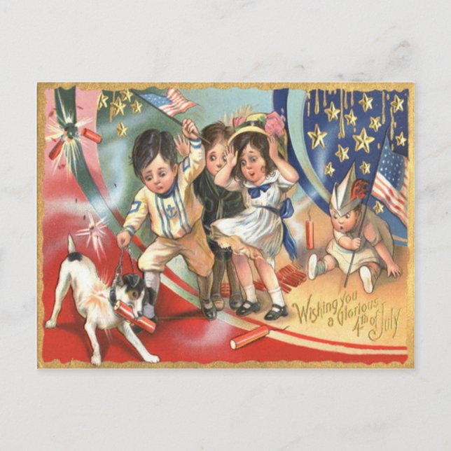 Children US Flagga Hund Fireworks Firecracker Vykort (Framsida)