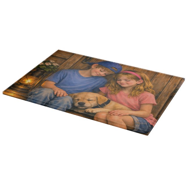 Children with Sleeping Puppy Glass Cutting Board (Hörn)