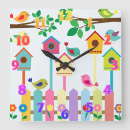Childrens Birds Birdhouse Scenery Fyrkantig Klocka