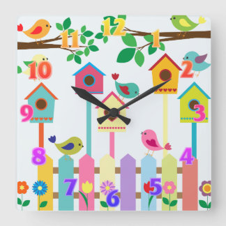 Childrens Birds Birdhouse Scenery Fyrkantig Klocka