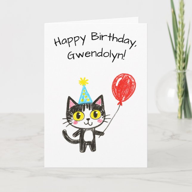 Child's Art Style Tuxedo Cat Birthday Kort (Framsida)