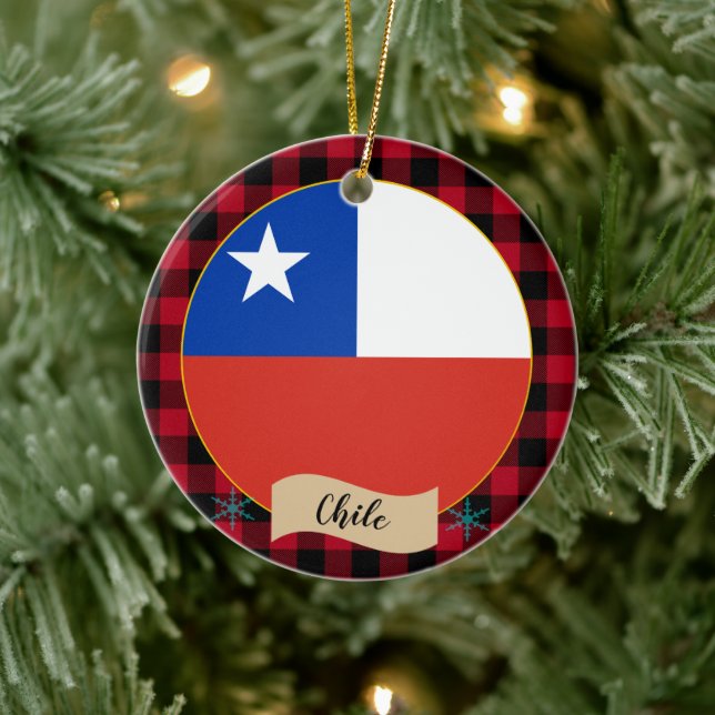 Chile, Red buffalo plaid & Chilean Flagga Julgransprydnad Keramik (Träd)