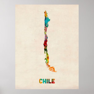 Chile vattenfärgkarta poster