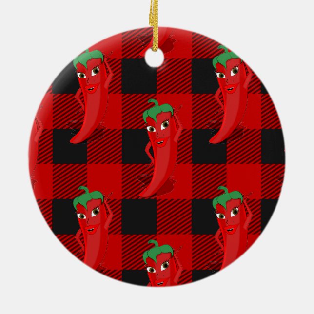 Chili Pepper Buffalo Play Mönster Black och Red Julgransprydnad Keramik (Baksidan)