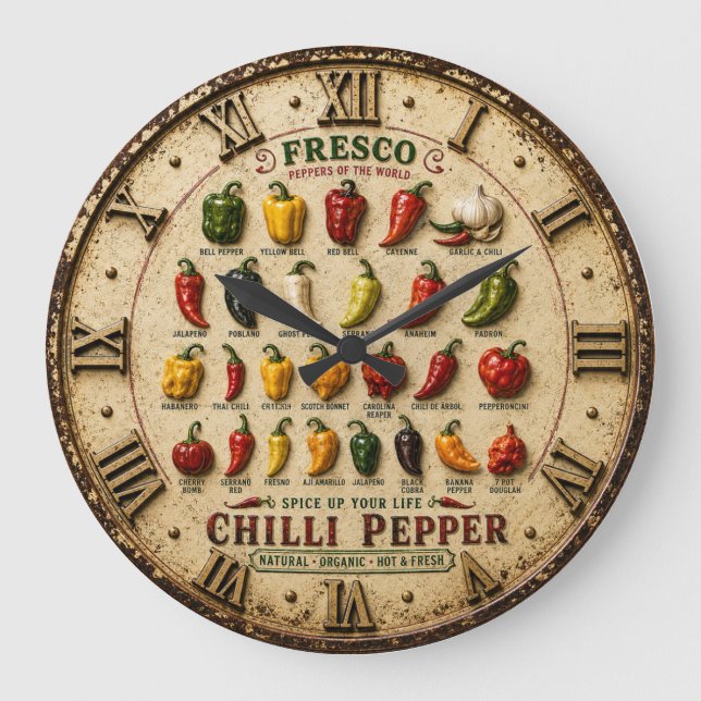 Chili Pepper Kitchen Rustic Farmhouse Chef Gift Stor Klocka (Framsida)