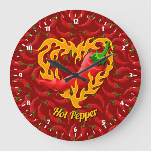 Chili Pepper med Flame Heart Large Clock Stor Klocka
