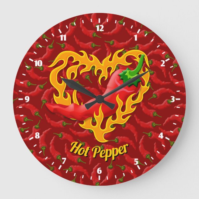 Chili Pepper med Flame Heart Large Clock Stor Klocka (Framsida)