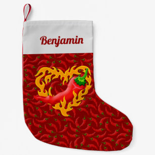 Chili Pepper med Flame Heart på Red Background Liten Julstrumpa