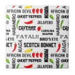 Chili Pepper Namn Spicy Food Kakelplatta<br><div class="desc">Roligt keramiskt plattor med mönster som innehåller namn chilipaprika,  vid sidan av färglösa kylaggregat. Underbar roligt för chili älskare.</div>