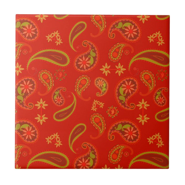 Chili Pepper Red and Lime Green Paisley Mönster Kakelplatta (Framsidan)