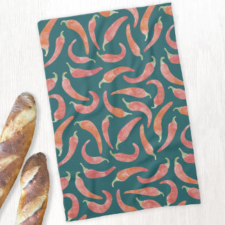 Chili Pepper Red Teal Grönt Watercolor Art Kökshandduk