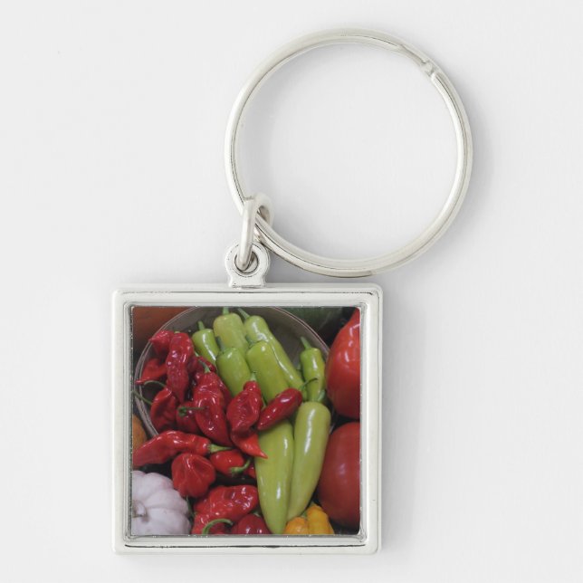 Chili Peppers Fyrkantig Silverfärgad Nyckelring (Framsidan)