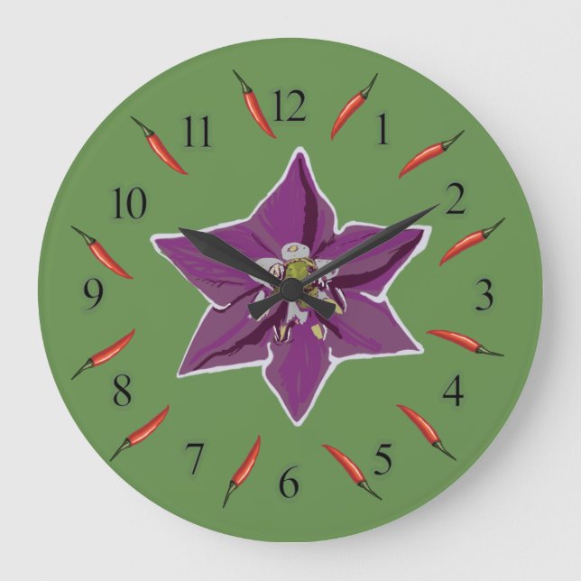 Chili Peppers, Paprika Blommar Wall Clock Stor Klocka (Framsida)