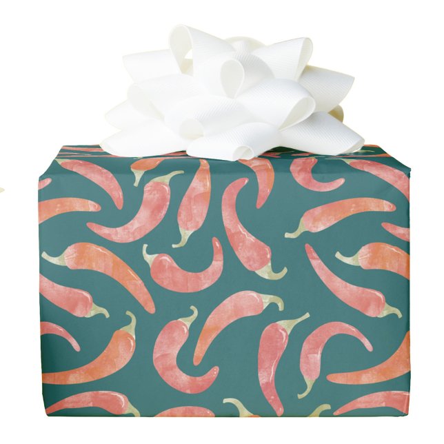 Chilipeppar Röd Teal Grön Akvarell Konst Presentpapper (Chili pepper watercolor food art gift wrapping paper roll)