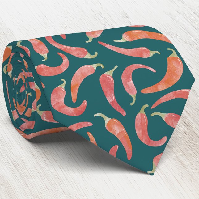 Chilipeppar Röd Teal Grön Akvarell Konst Slips (Red chili pepper hot and spicy watercolor neck tie for chef, cook, foodie, restaurant, cafe, diner)