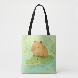 Chill Brown Capybara på Grönt Crokodile till natur Tygkasse