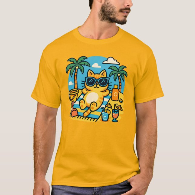 Chill Cat Beach Day Cartoon T-Shirt-Fun Summer Tee (Framsida)