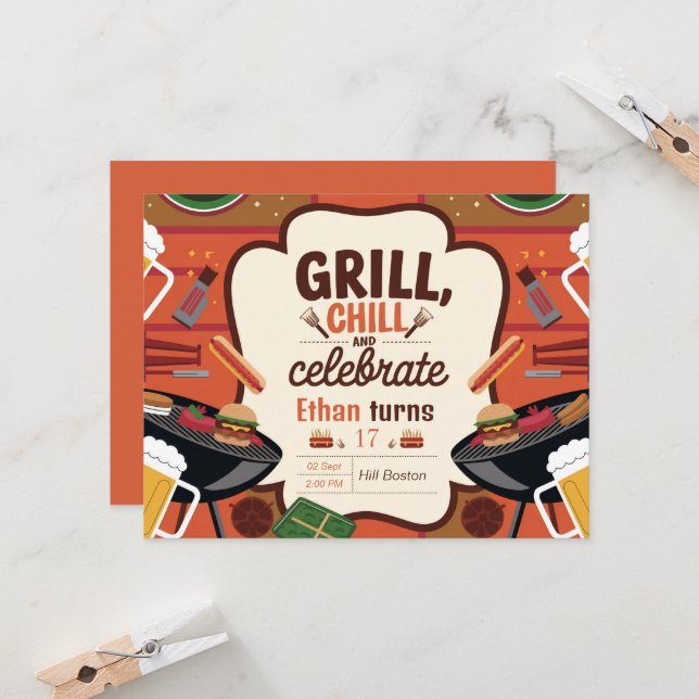 Chill Grill and Beer Birthday Invitation Card Inbjudningar (Fram/Back In Situ)