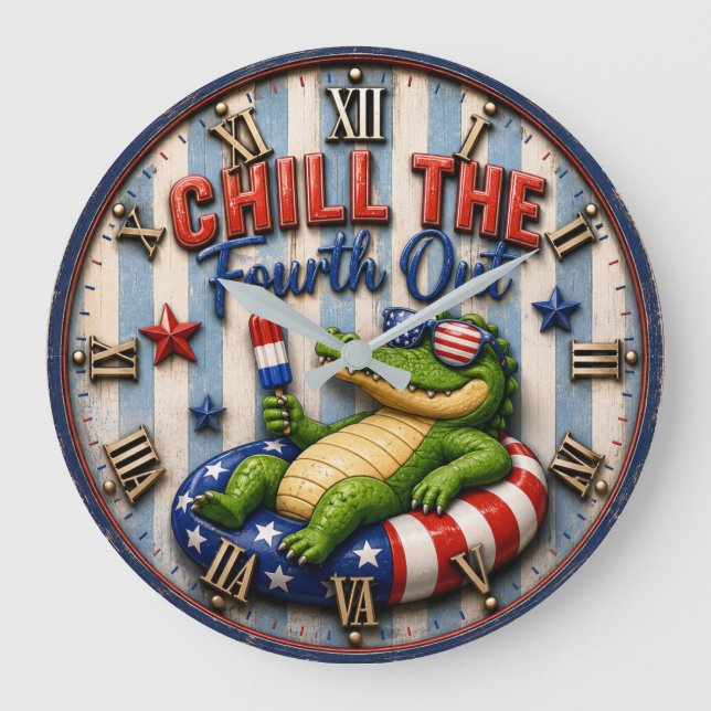 Chill the Fourth Out Funny Patriotic Alligato Stor Klocka (Framsida)