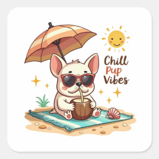 Chill Valp Vibes Kawaii Bulldog Beach Fyrkantigt Klistermärke