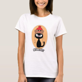 CHILLAXIN' Svart Tecknad Katt Med Sockmonkey-hatt T Shirt