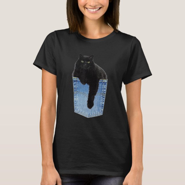 Chillin Black Cat in Denim Jean Pocket Pet T Shirt (Framsida)