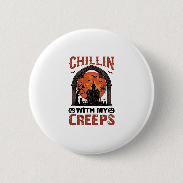 Chillin Creeps Halloween Spökhus Orange Måne Knapp (Framsida)