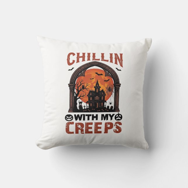 Chillin Creeps Halloween Spökhus Orange Måne Kudde (Framsida)