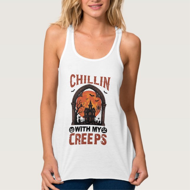 Chillin Creeps Halloween Spökhus Orange Måne Linne Med Racerback (Framsida)