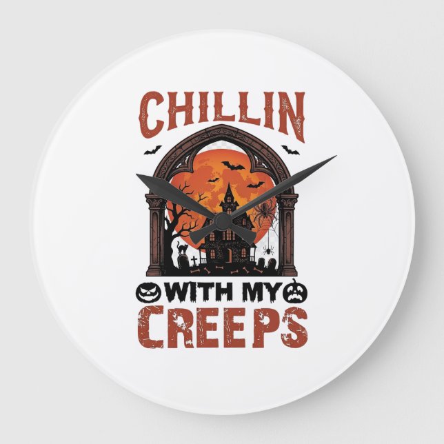 Chillin Creeps Halloween Spökhus Orange Måne Stor Klocka (Framsida)