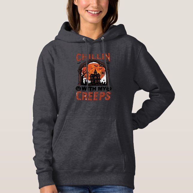 Chillin Creeps Halloween Spökhus Orange Måne T Shirt (Framsida)