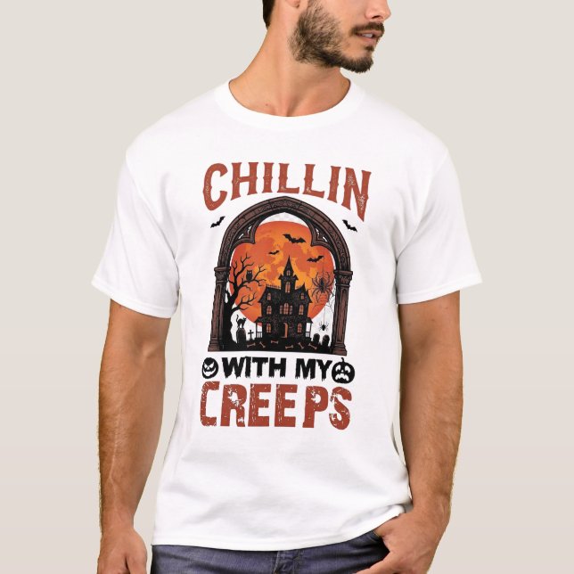 Chillin Creeps Halloween Spökhus Orange Måne T Shirt (Framsida)