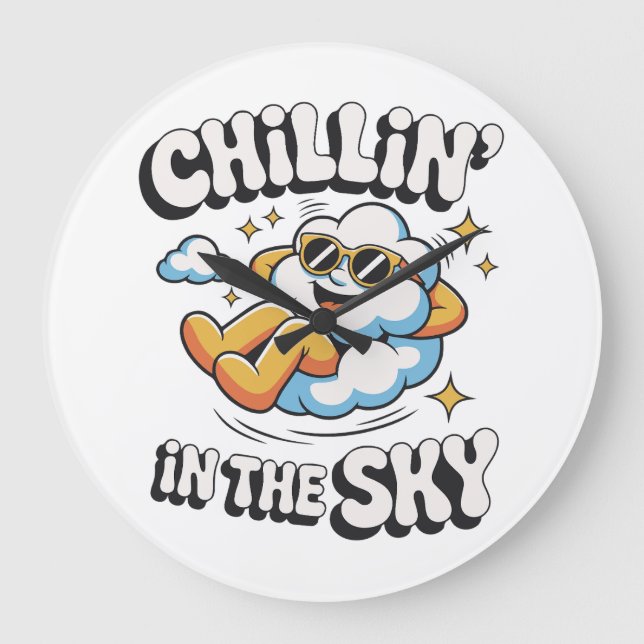 Chillin i Himmel - Roligt Cloud Wall Clock Stor Klocka (Framsida)