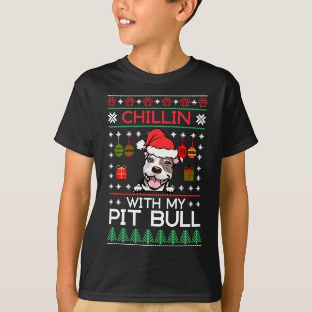 Chillin med min pitbull Santa Ugly Julsvett T Shirt (Framsida)