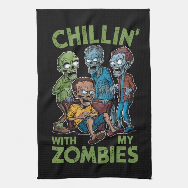 Chillin med min Zombies Halloween Boys Kids Funny Kökshandduk (Vertikal)