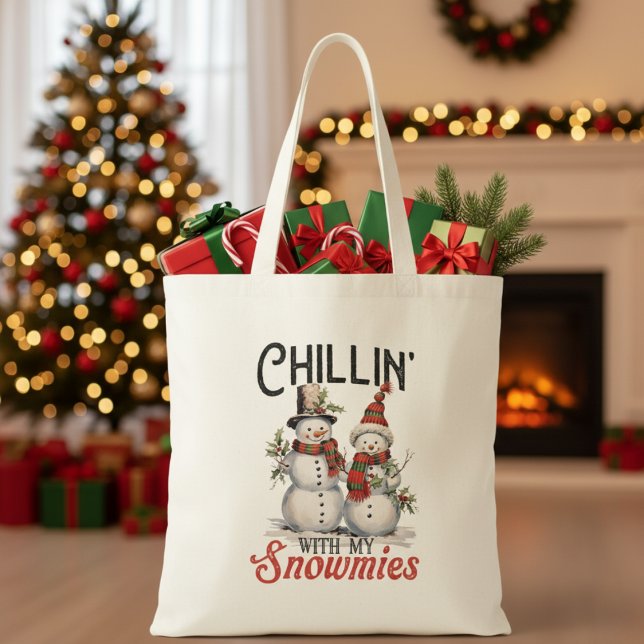 Chillin med mina snutar, juljul tygkasse (Chillin With My Snowmies Rustic Christmas Tote Bag)