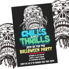 Chills och Thrills Skullgrafik Halloween-skräckupp Inbjudningar