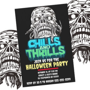 Chills och Thrills Skullgrafik Halloween-skräckupp Inbjudningar